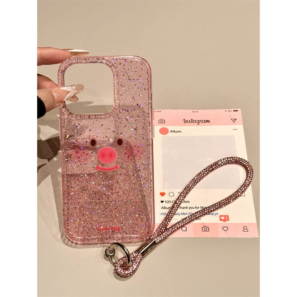 Cute Transparent Pink Sequined Piggy Emoji Phone Case with Lanyard Suitable for iPhone16 iPhone15 iPhone14 iPhone13