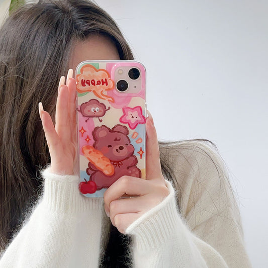 Double-layer Printed Graffiti Bear Pink Cute Phone Case Suitable for iPhone16 iPhone15 iPhone14 iPhone13