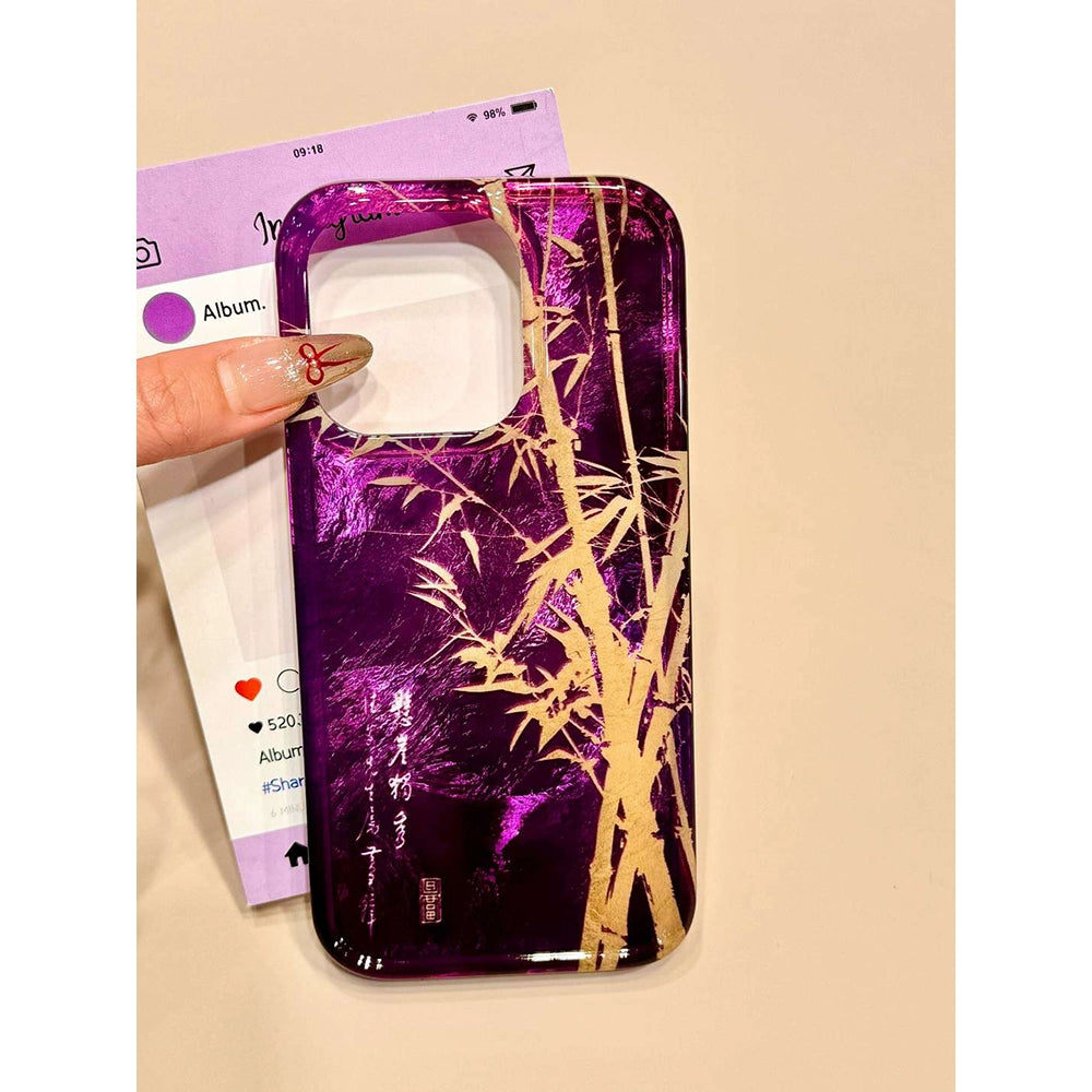 Retro Bamboo Ink Fan Purple Phone Case with Fringed Phone Chain Suitable for iPhone16 iPhone15 iPhone14 iPhone13