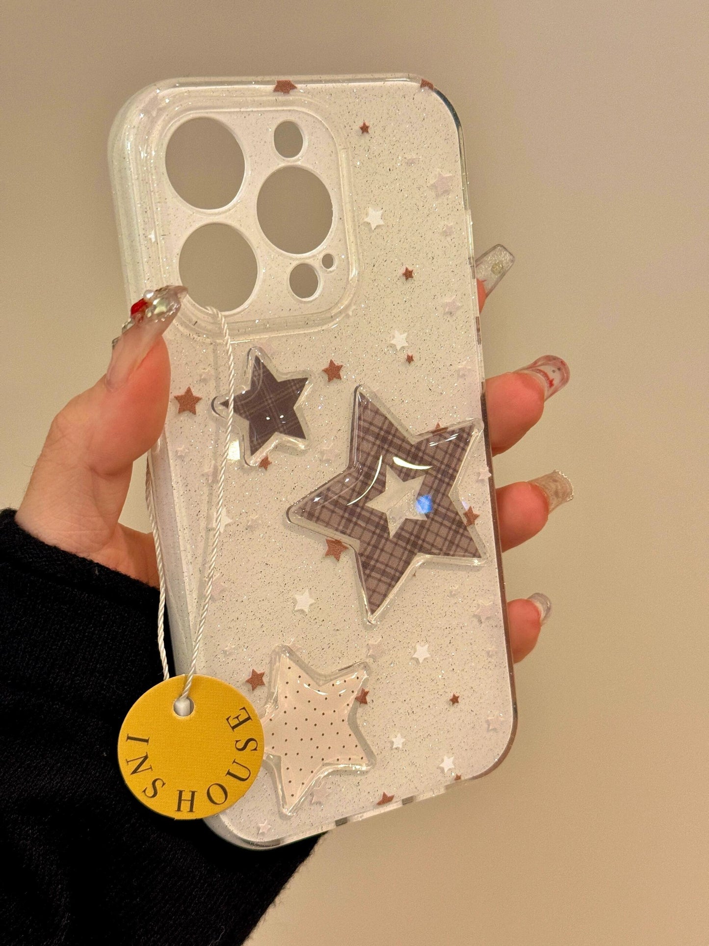 Glitter Three-dimensional Stars Cute Sweet Soft Girl Aesthetic Phone Case Suitable for iPhone16 iPhone15 iPhone14 iPhone13