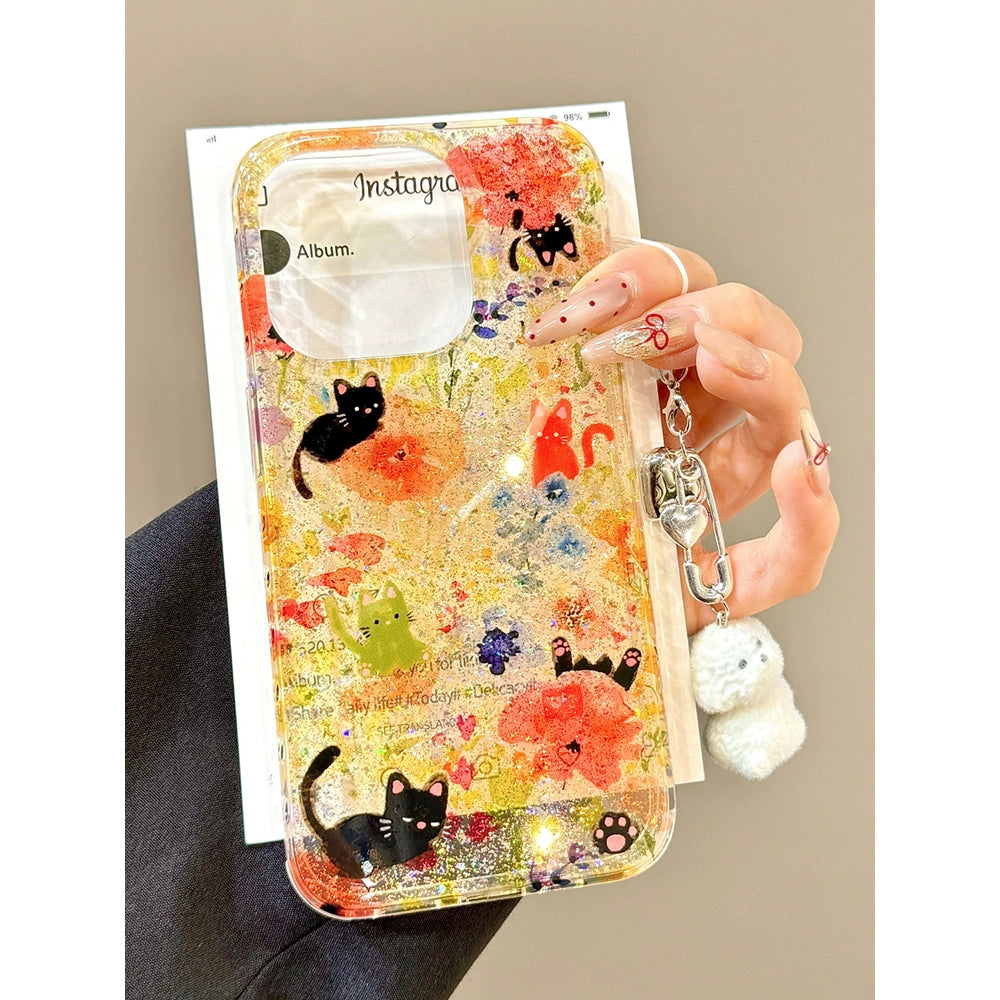 Transparent Yellow Cute Glitter Flower Cat Mobile Phone Case with Mobile Phone Chain Pendant Suitable for iPhone16 iPhone15 iPhone14 iPhone13