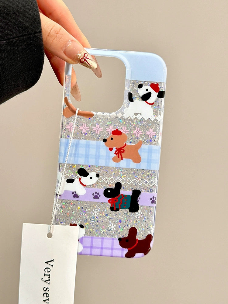 Sequins Glitter Pink and Blue Plaid Multiple Dogs Mosaic Cute Phone Cases Suitable for iPhone16 iPhone15 iPhone14 iPhone13