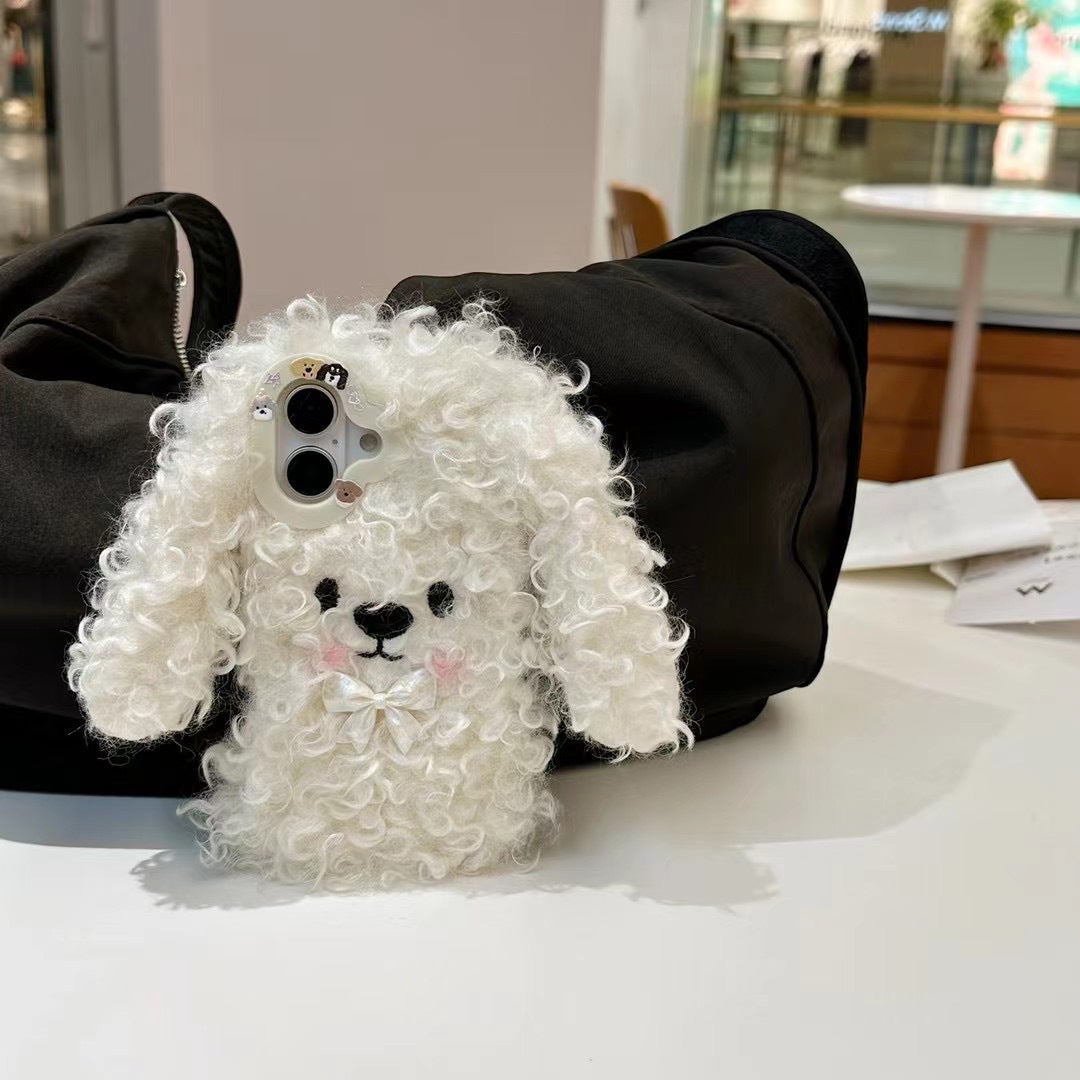 Plush Cute Bow White Poodle Phone Case Suitable for iPhone16 iPhone15 iPhone14 iPhone13