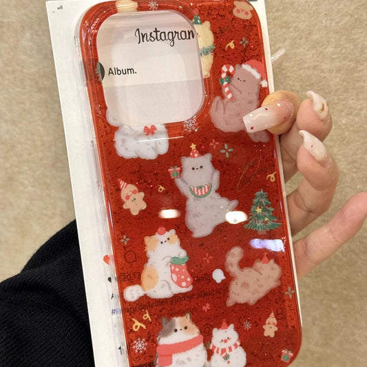 Red Glitter Cat Christmas Tree Gingerbread Man Aesthetic Phone Case Suitable for iPhone16 iPhone15 iPhone14 iPhone13