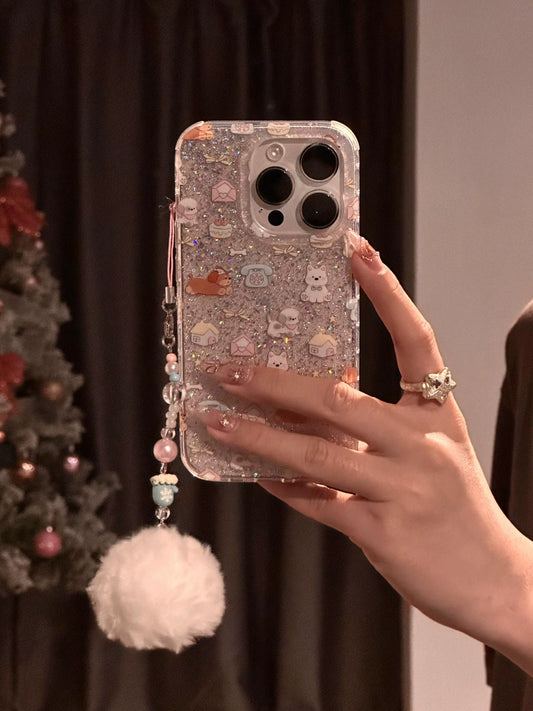 Cute Cartoon White Dog Dachshund Dog Glitter Translucent Aesthetic Mobile Phone Case with Mobile Phone Chain Pendant n Pendant