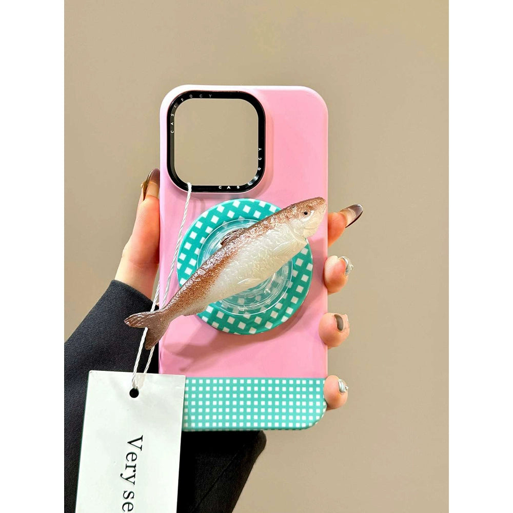 Three-dimensional Salted Fish Magnetic Suction Bracket Pink Mobile Phone Case Suitable for iPhone16 iPhone15 iPhone14 iPhone13