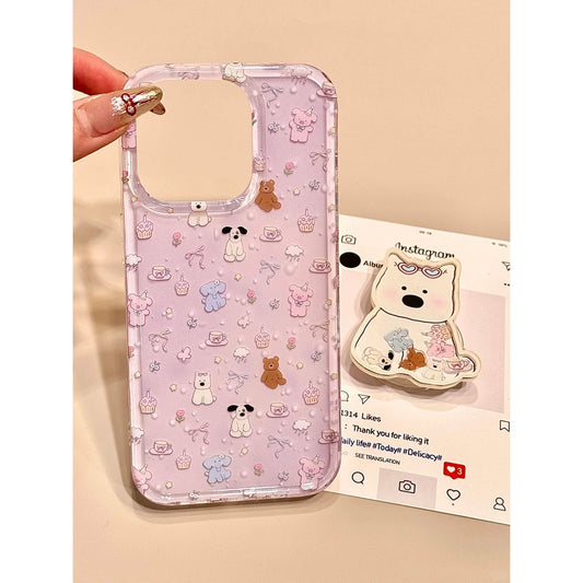 Cute Purple Bottom Small Animal Dog Bracket Aesthetic Mobile Phone Case Suitable for iPhone16 iPhone15 iPhone14 iPhone13