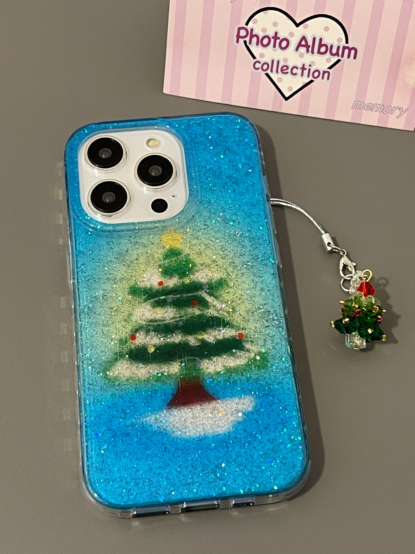 Blue Glitter Christmas Tree Cute Aesthetic Phone Case Suitable for iPhone16 iPhone15 iPhone14 iPhone13