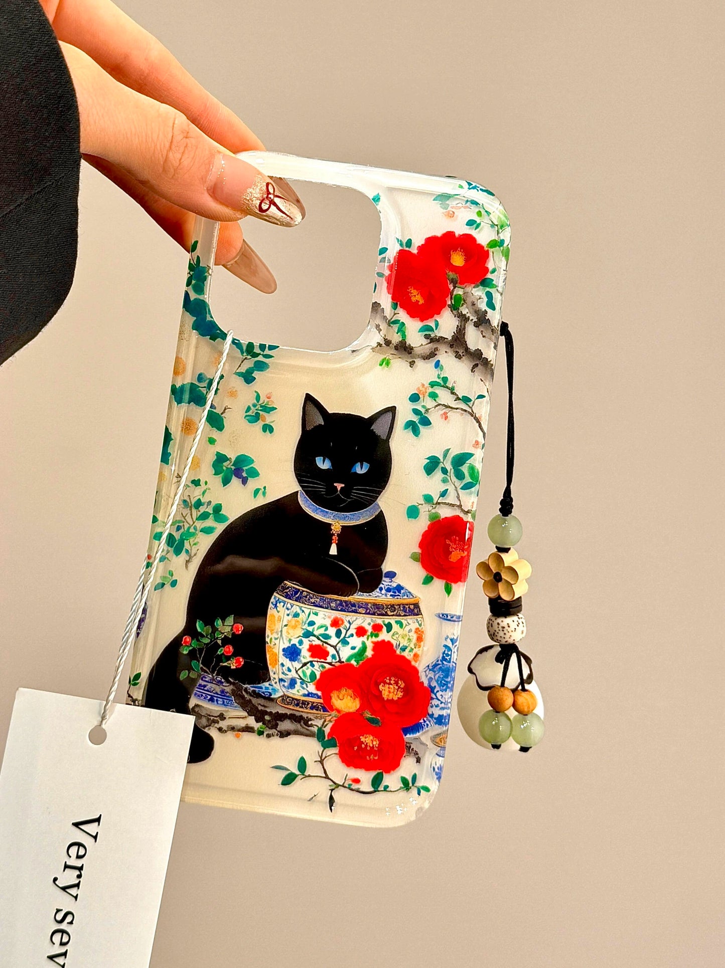 Chinese Style Retro Blue and White Porcelain Black Cat Garden Aesthetic Mobile Phone Case Suitable for iPhone16 iPhone15 iPhone14 iPhone13