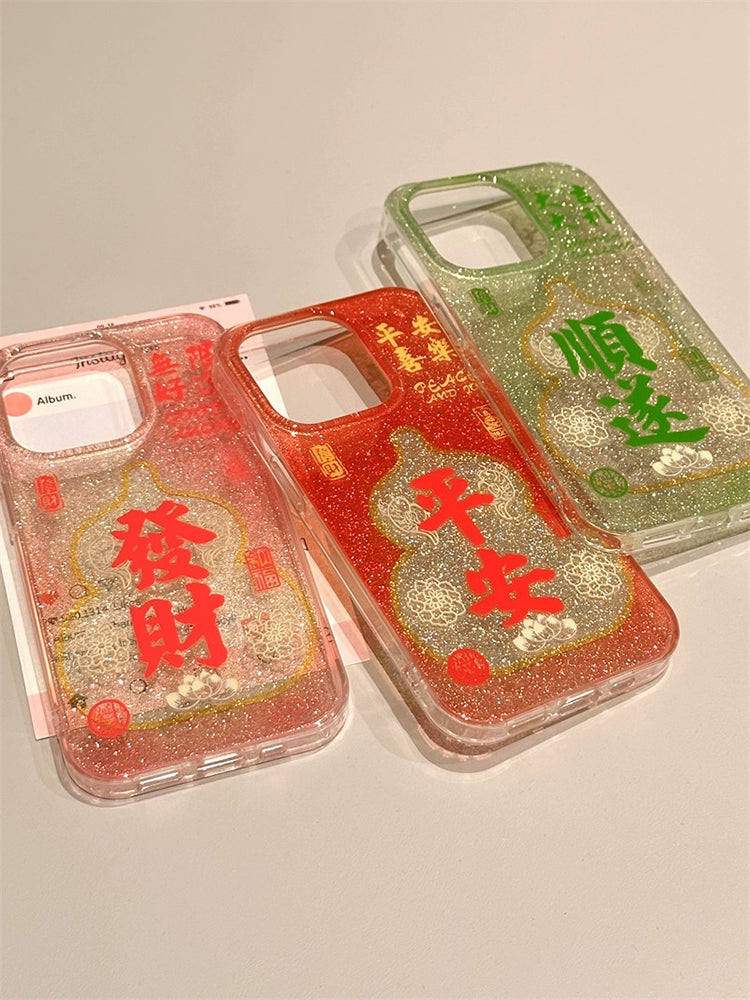 Glitter Semi-transparent Wealth, Peace and Smooth, Lucky Aesthetics, Mobile Phone Case Suitable for iPhone16 iPhone15 iPhone14 iPhone13