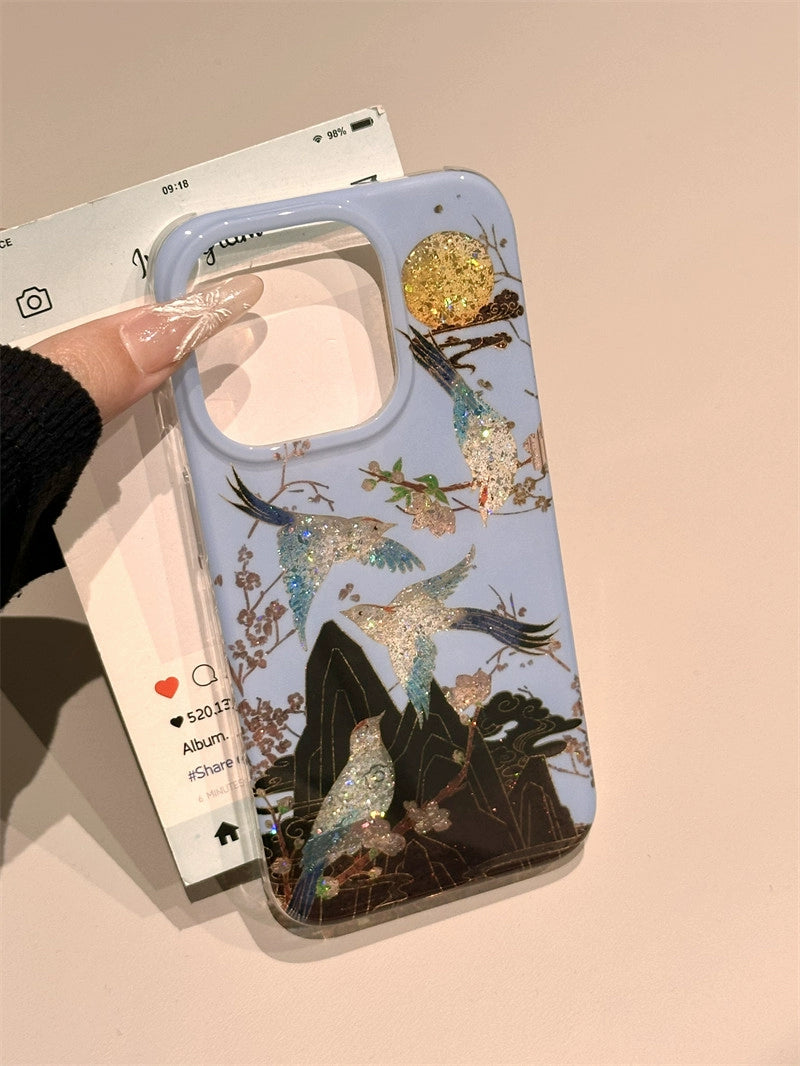 Chinese Style Glitter Lines on Branches Magpie Double-sided Case Aesthetic Mobile Phone Case with Mobile Phone Chain Pendant Suitable for iPhone16 iPhone15 iPhone14 iPhone13