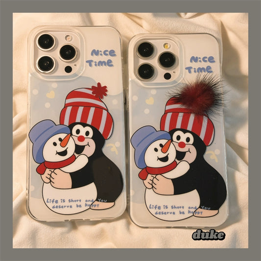 Cartoon Mole Snowman Three-dimensional Hairball Cute Phone Case Suitable for iPhone16 iPhone15 iPhone14 iPhone13