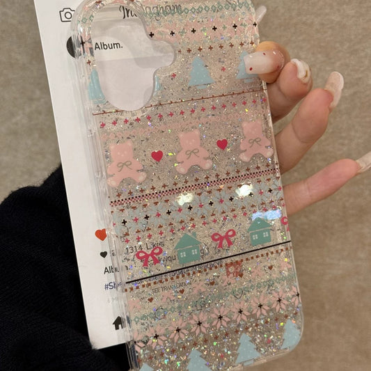 Love Christmas Tree Bow Bear Small House Shiny Aesthetic Mobile Phone Case with Mobile Phone Chain Pendant Suitable for iPhone16 iPhone15 iPhone14 iPhone13