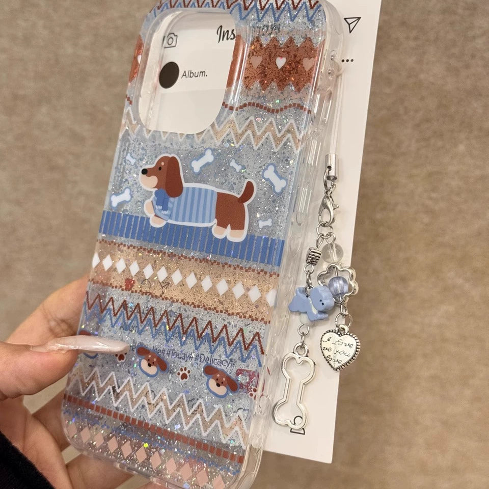 Translucent Blue Glitter Striped Puppy Cute Phone Case with Phone Chain Pendant Suitable for iPhone16 iPhone15 iPhone14 iPhone13