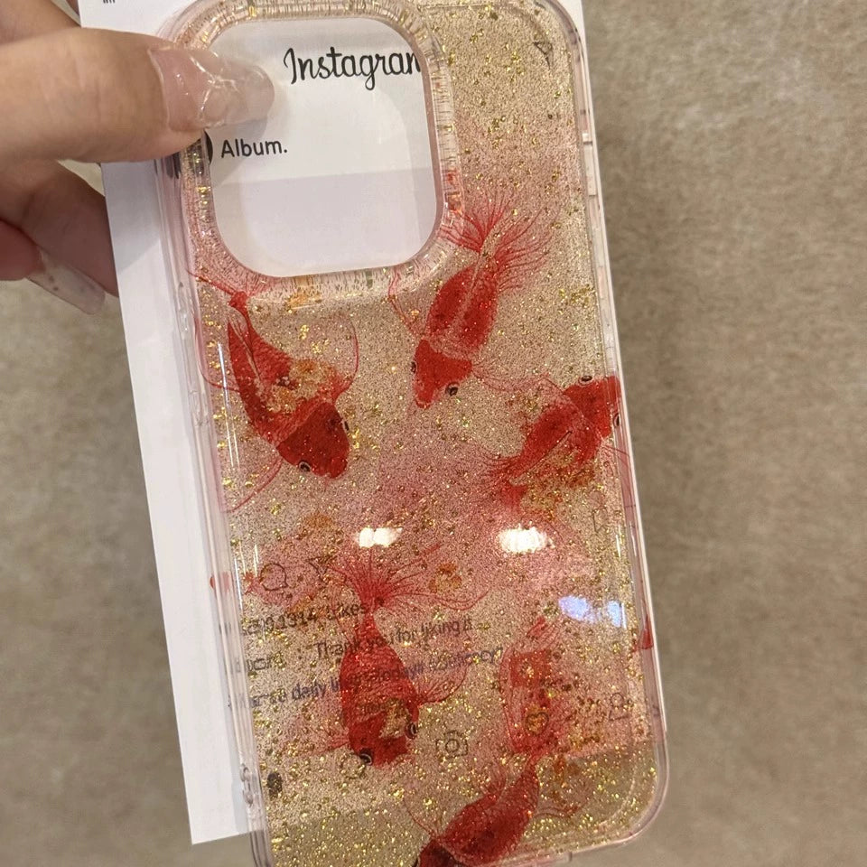 Gold Foil Glitter Smudged Koi Goldfish Lucky Phone Case Suitable for iPhone16 iPhone15 iPhone14 iPhone13