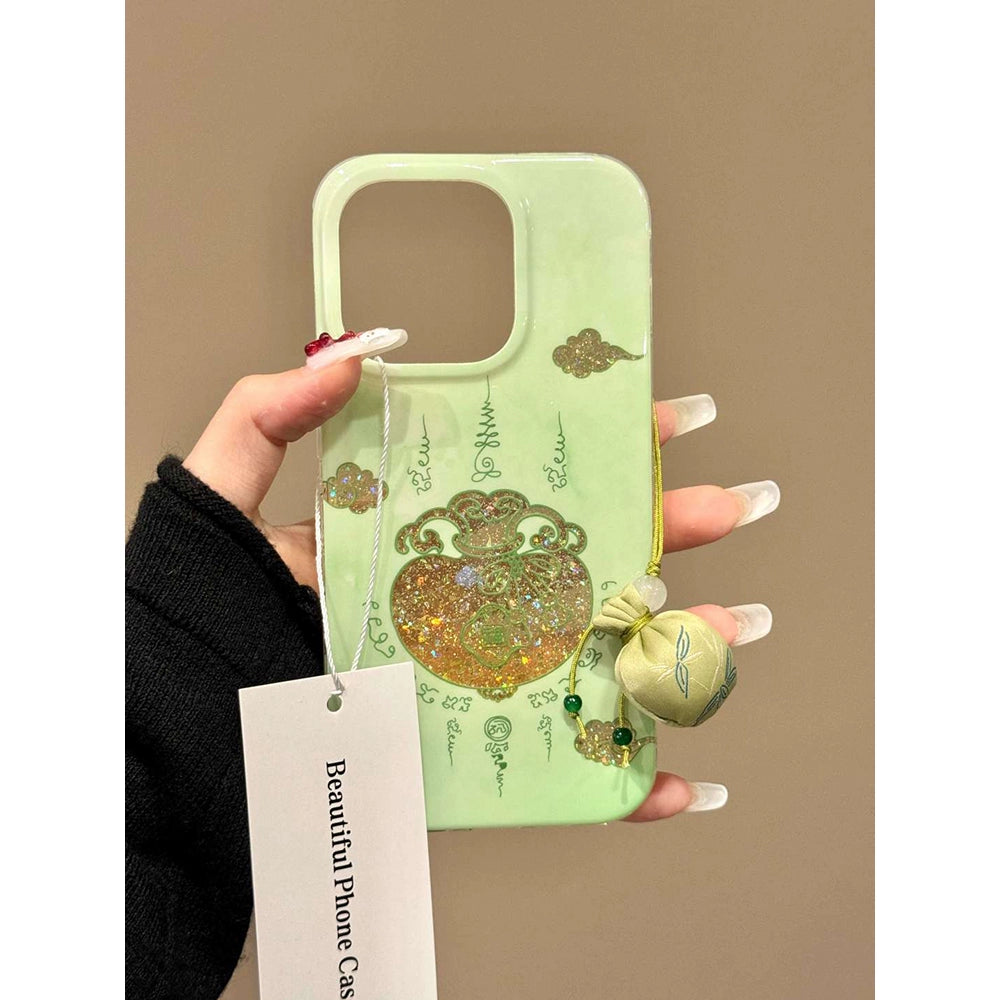 Chinese Style Green Background Auspicious Cloud Hollow Blessing Word Tip Bag Aesthetic Mobile Phone Case Suitable for iPhone16 iPhone15 iPhone14 iPhone13