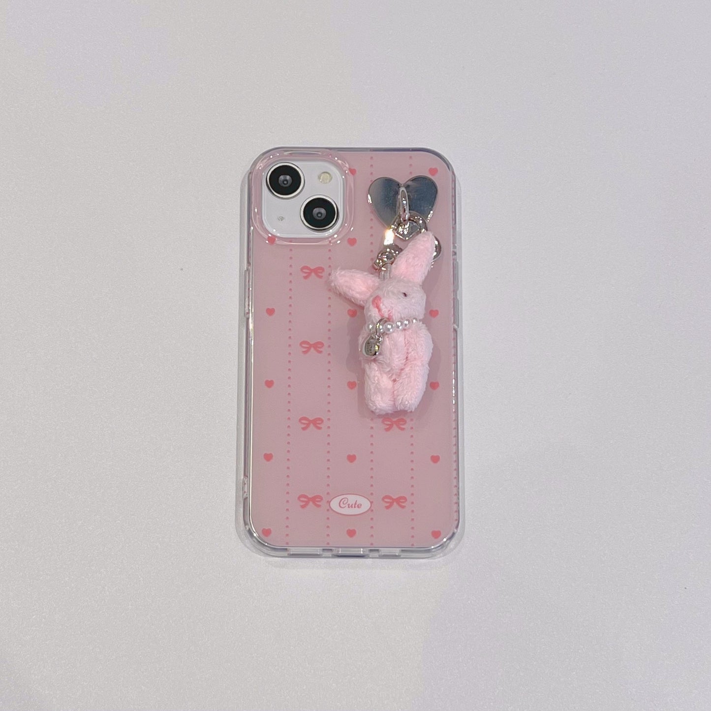 Double-layer Printed Striped Bow Fan Rabbit Pendant Aesthetic Mobile Phone Case Coquette Phone Case Suitable for iPhone16 iPhone15 iPhone14 iPhone13