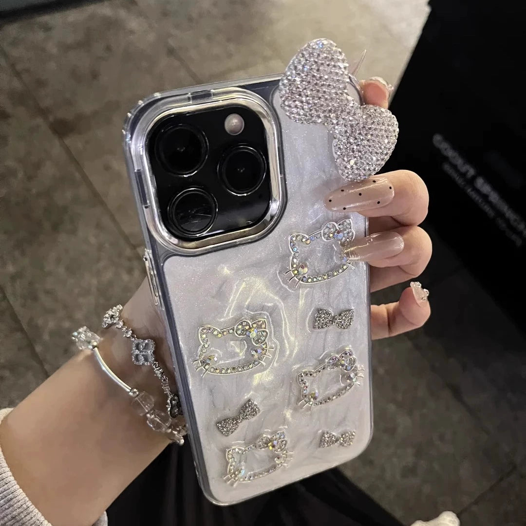 Girl Flash Diamond Cat Bow Shiny Aesthetic Mobile Phone Case with Mobile Phone Chain Pendant Suitable for iPhone16 iPhone15 iPhone14 iPhone13