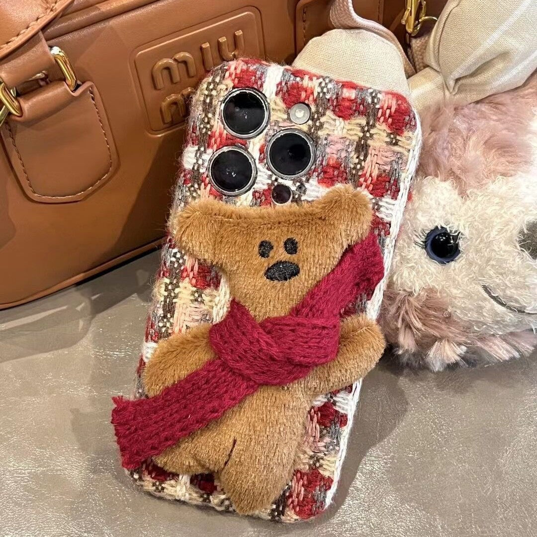 Plush Plaid Red Scarf Teddy Bear Cute Phone Case Suitable for iPhone16 iPhone15 iPhone14 iPhone13