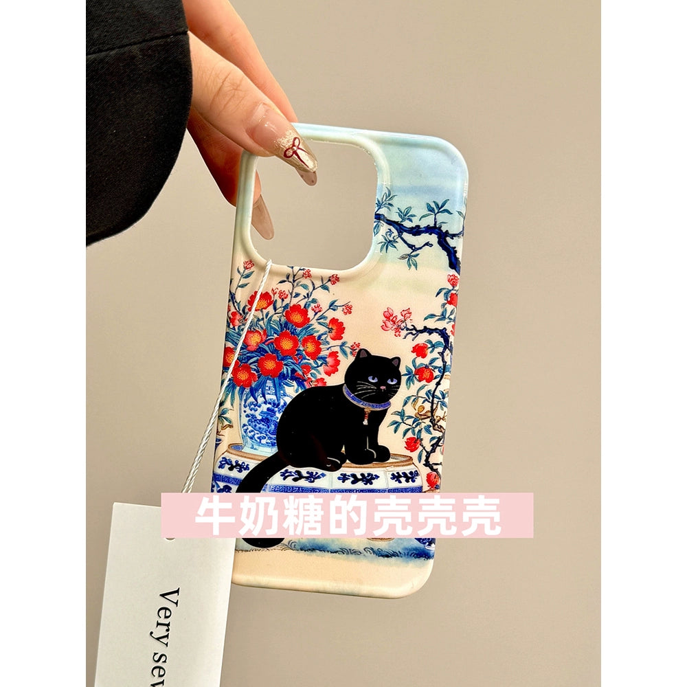 Blue and White Porcelain Red Flower Black Cat Lucky Aesthetic Mobile Phone Case with Mobile Phone Chain Pendant Suitable for iPhone16 iPhone15 iPhone14 iPhone13