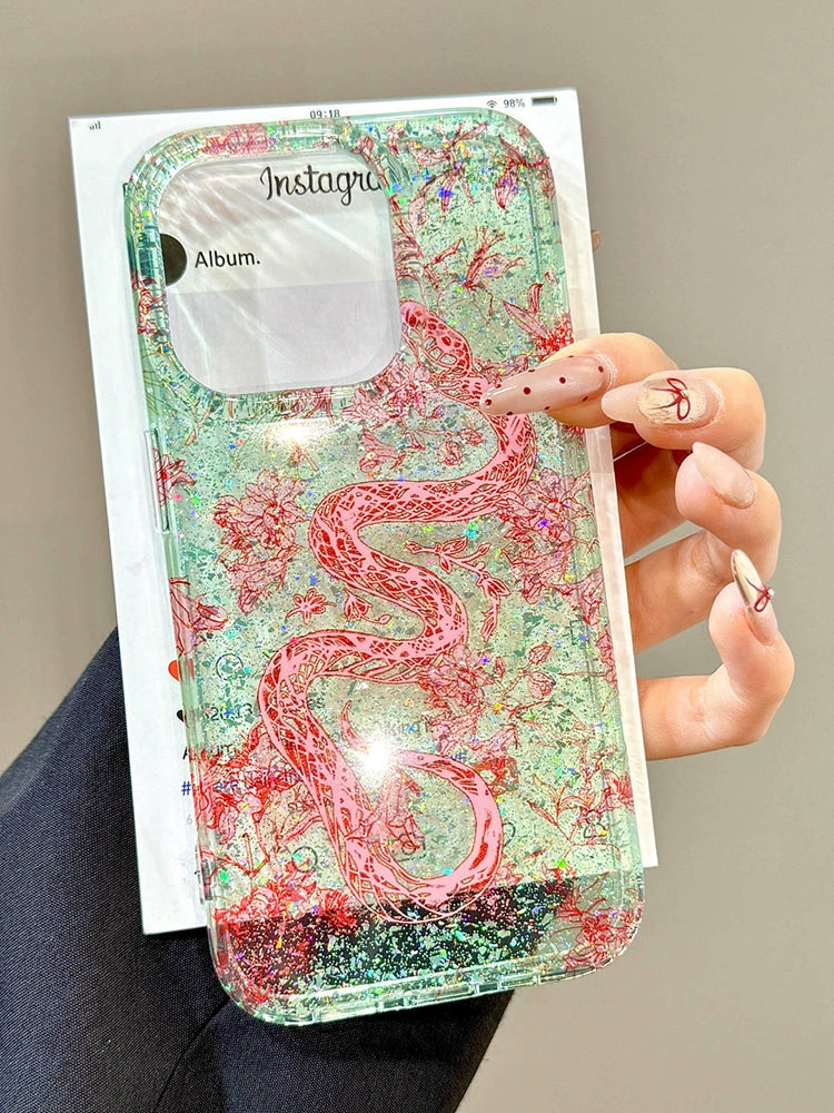 Sequined Double-layer Pink Dragon Bell Green Aesthetic Mobile Phone Case with Hand Strap Mobile Phone Chain Pendant Suitable for iPhone16 iPhone15 iPhone14 iPhone13