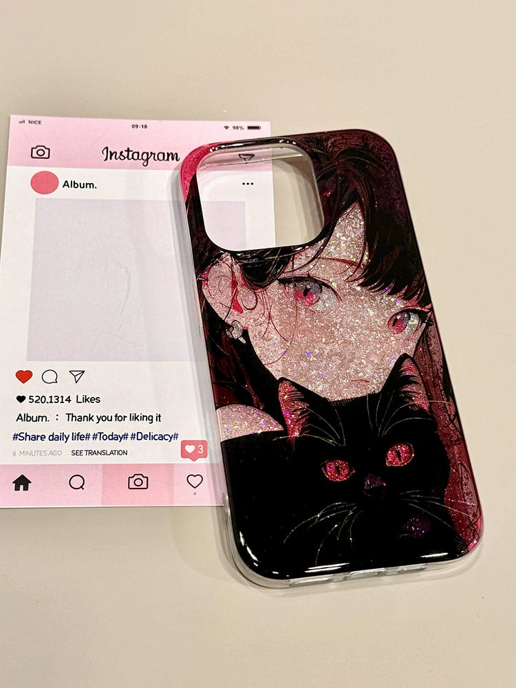 Sequin Double Layer Black Pussy Girl Cute Aesthetic Phone Case Suitable for iPhone16 iPhone15 iPhone14 iPhone13