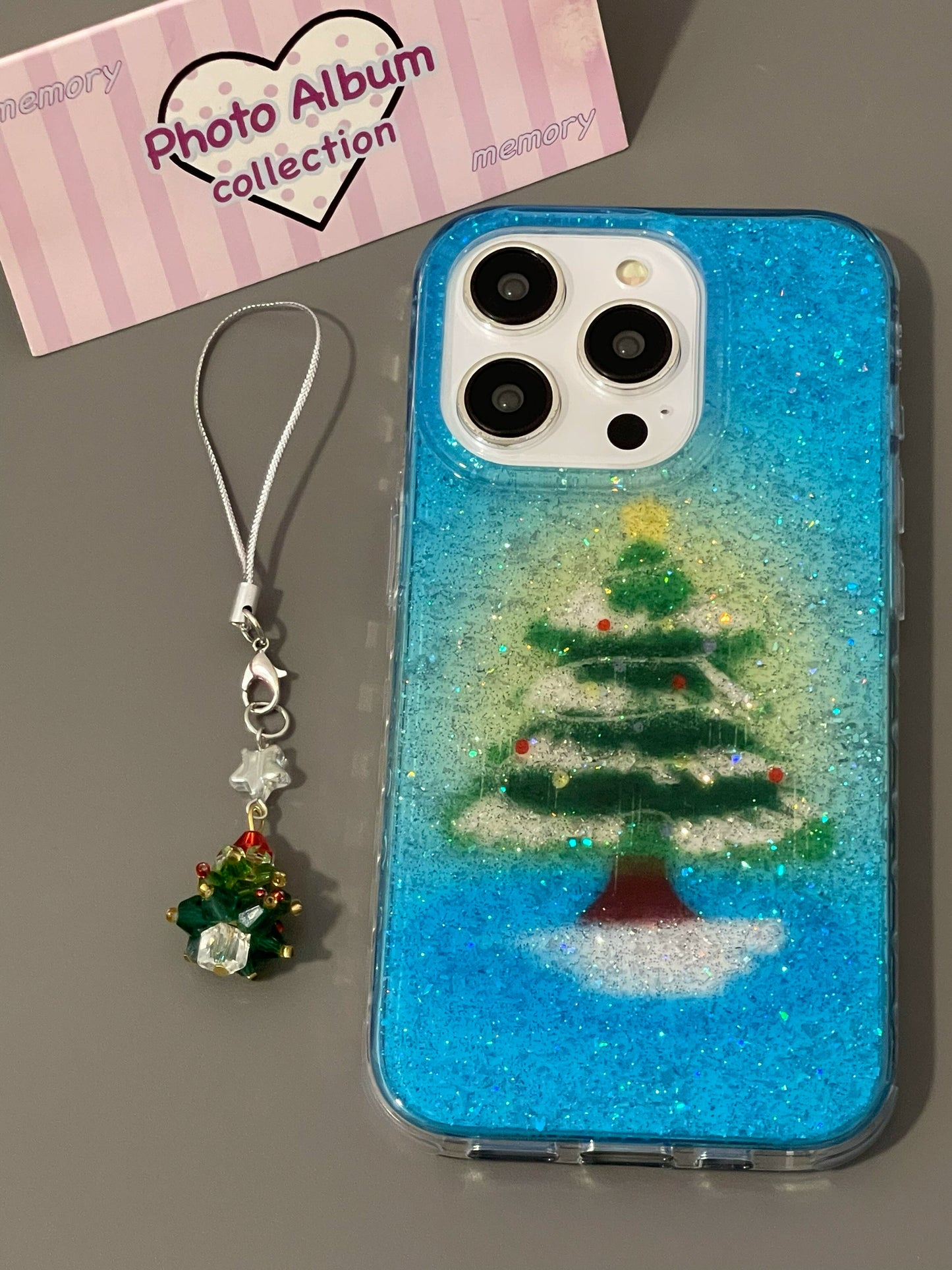 Blue Glitter Christmas Tree Cute Aesthetic Phone Case Suitable for iPhone16 iPhone15 iPhone14 iPhone13