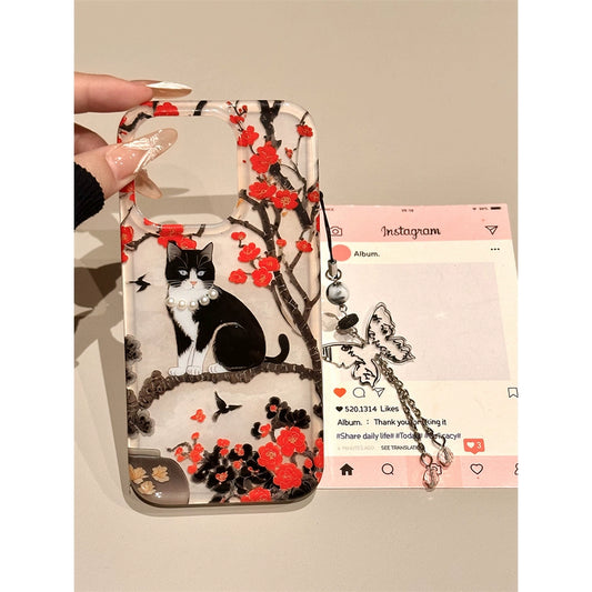 Plum Blossom Branch Small Black Cat Illustration Cute Aesthetic Phone Case Suitable for iPhone16 iPhone15 iPhone14 iPhone13