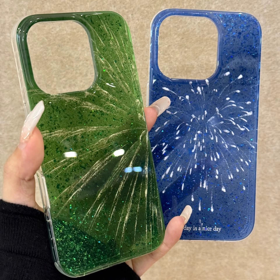 Translucent Blue Smoke Green Fireworks Glitter Shiny Aesthetic Phone Case Suitable for iPhone16 iPhone15 iPhone14 iPhone13