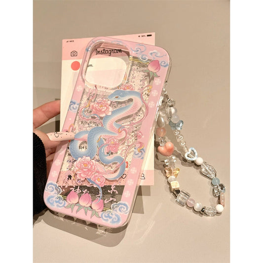 Pink Peach Lotus Snake Lucky Aesthetic Mobile Phone Case with Mobile Phone Chain Pendant Suitable for iPhone16 iPhone15 iPhone14 iPhone13