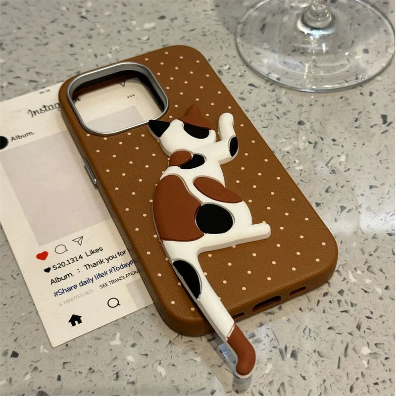 Cute Polka Dot Cat Folding Holder Phone Case Suitable for iPhone16 iPhone15 iPhone14 iPhone13