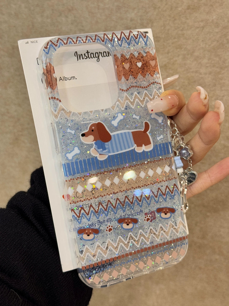 Translucent Blue Glitter Striped Puppy Cute Phone Case with Phone Chain Pendant Suitable for iPhone16 iPhone15 iPhone14 iPhone13