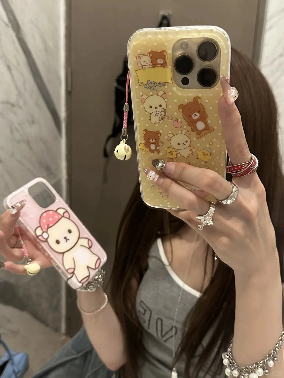 Cute Cartoon Bear Yellow Pink Mobile Phone Case with Mobile Phone Rope Bell Pendant Suitable for iPhone16 iPhone15 iPhone14 iPhone13