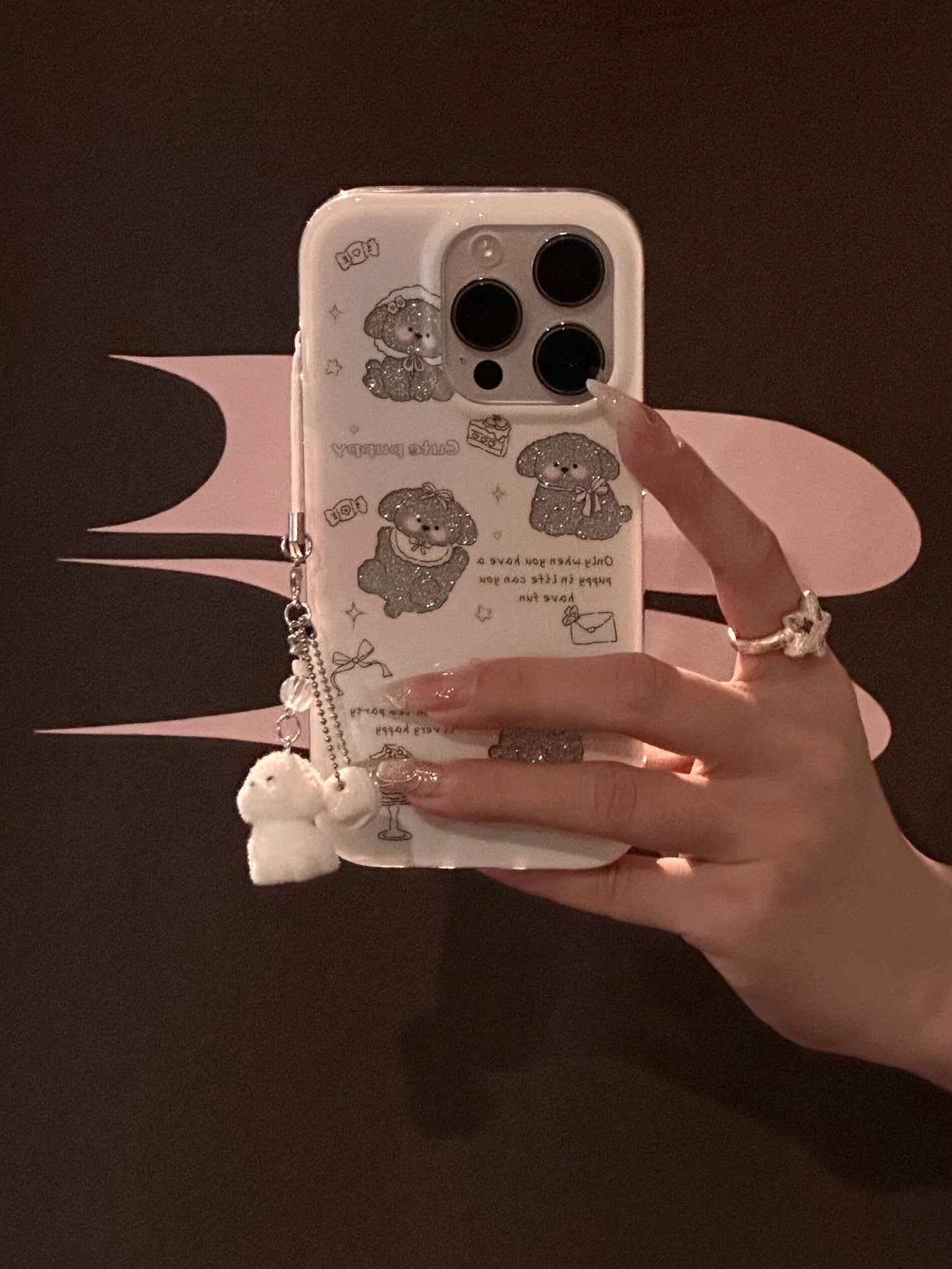 White Bottom Silver Puppy Cute Girl Aesthetic Mobile Phone Case with Mobile Phone Chain Pendant Suitable for iPhone16 iPhone15 iPhone14 iPhone13