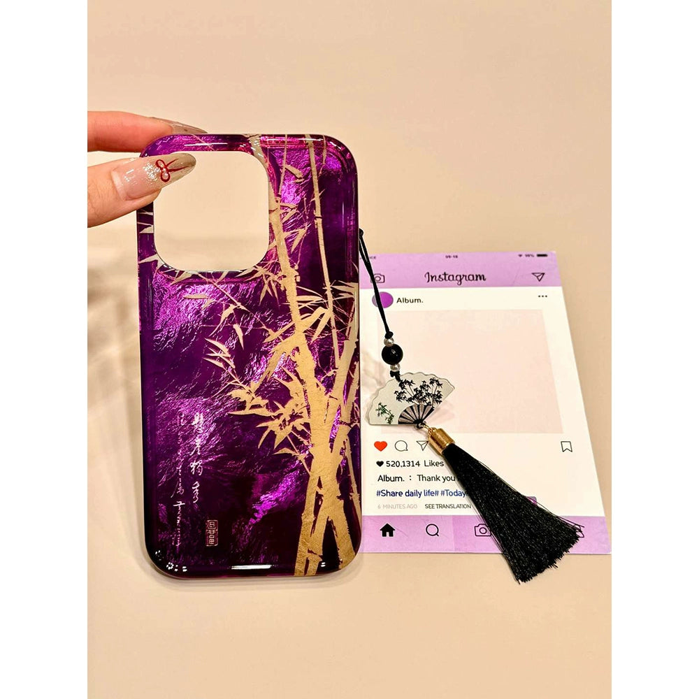 Retro Bamboo Ink Fan Purple Phone Case with Fringed Phone Chain Suitable for iPhone16 iPhone15 iPhone14 iPhone13