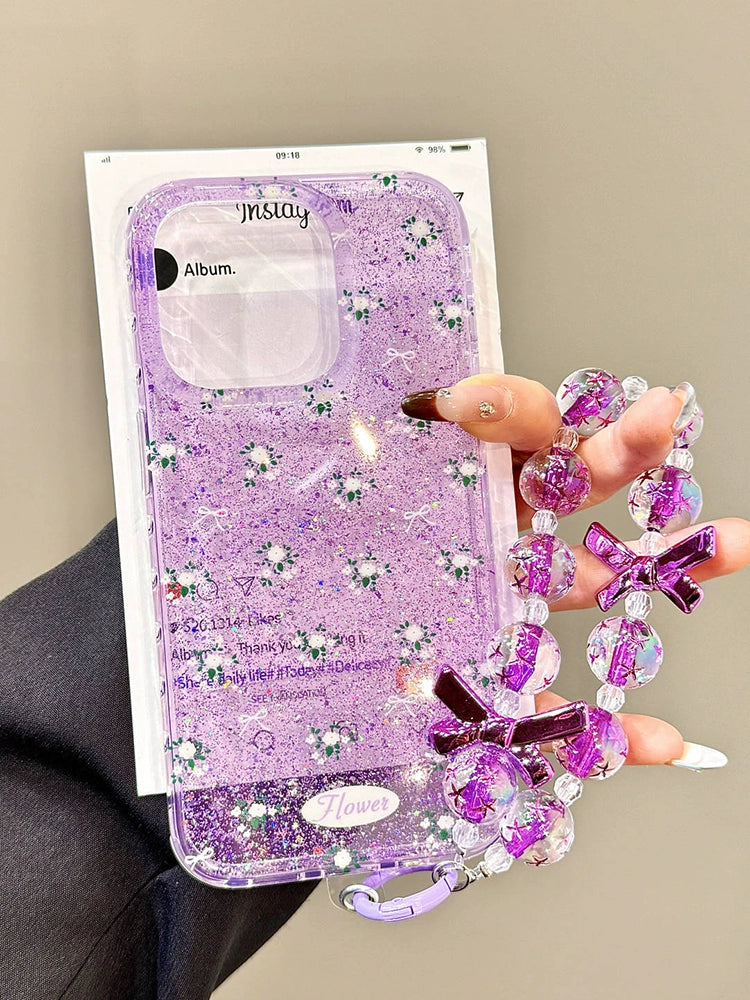 Glitter Translucent Flower Purple Aesthetic Mobile Phone Case with Mobile Phone Chain Pendant, Hand Carry Bead Chain Suitable for iPhone16 iPhone15 iPhone14 iPhone13