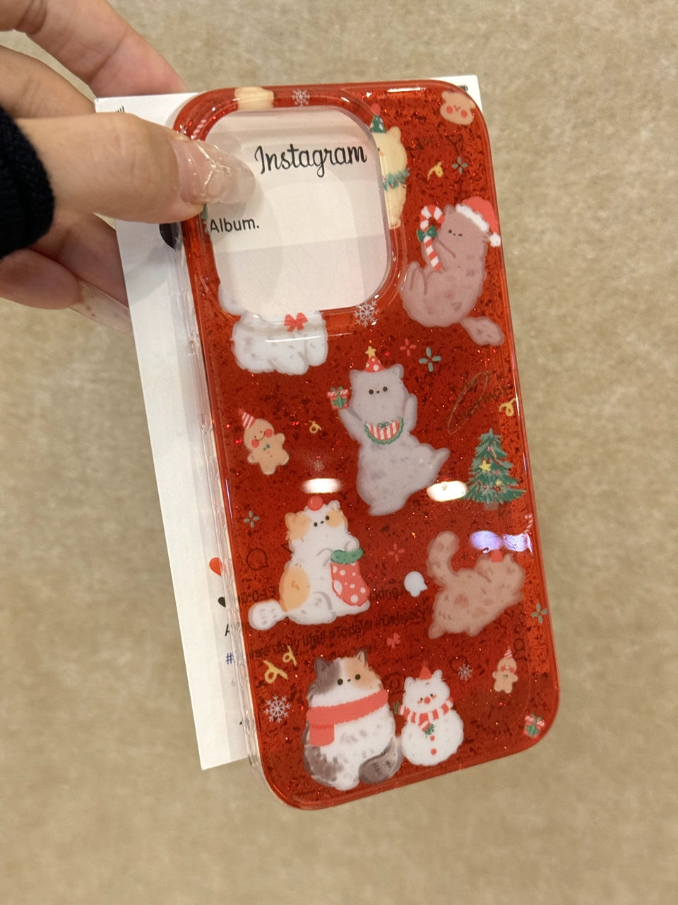 Red Glitter Cat Christmas Tree Gingerbread Man Aesthetic Phone Case Suitable for iPhone16 iPhone15 iPhone14 iPhone13