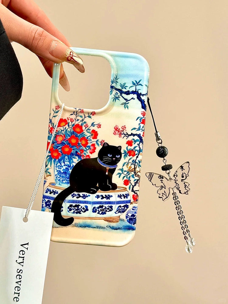 Blue and White Porcelain Red Flower Black Cat Lucky Aesthetic Mobile Phone Case with Mobile Phone Chain Pendant Suitable for iPhone16 iPhone15 iPhone14 iPhone13