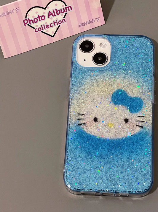 Glitter Gradual Change Blue Kitten Double-layer Mobile Phone Case Girl Cute Mobile Phone Case Y2K Suitable for iPhone16 iPhone15 iPhone14 iPhone13