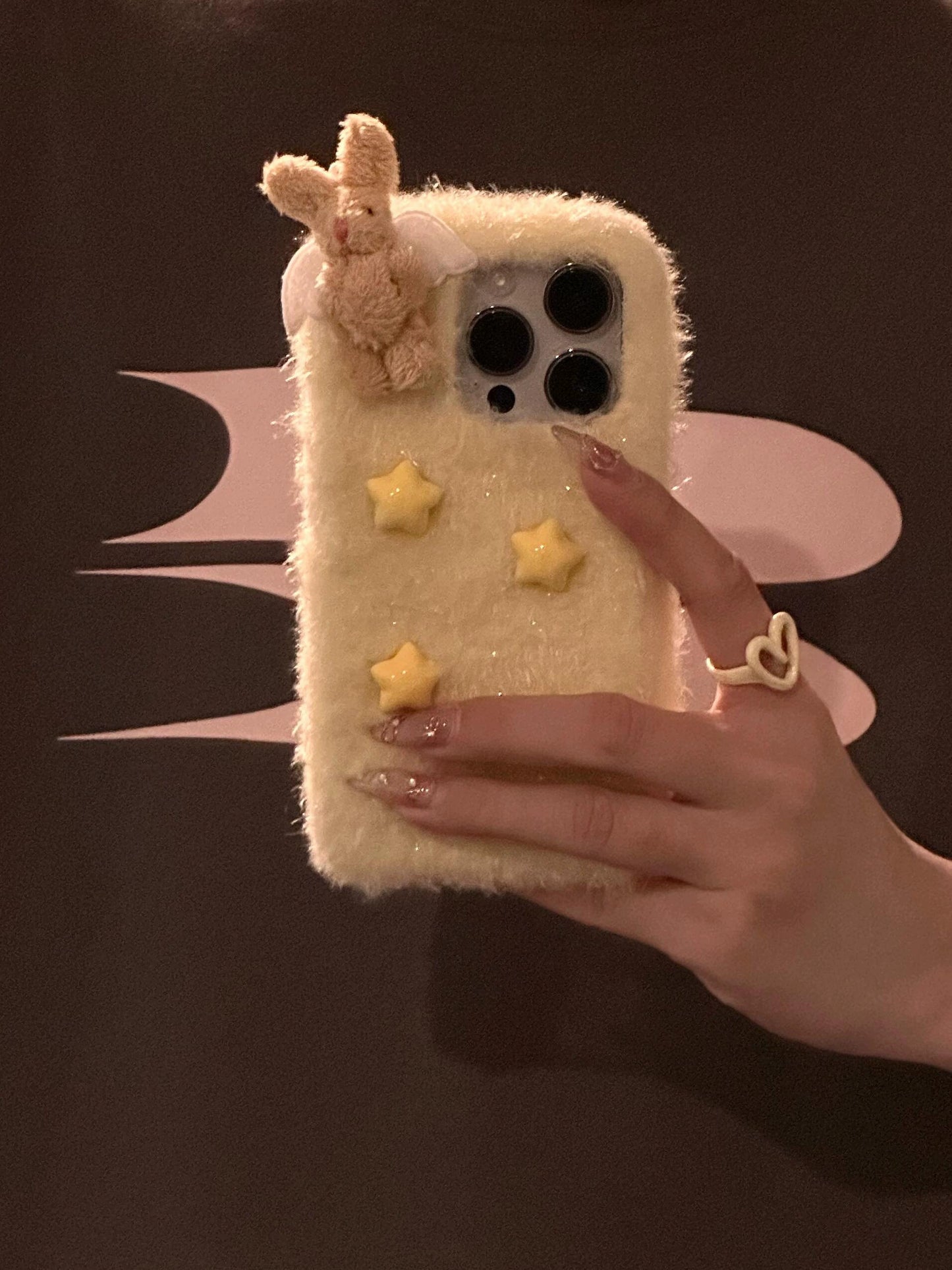 Cute Yellow Plush Three-dimensional Star Wings Rabbit Aesthetic Phone Case Suitable for iPhone16 iPhone15 iPhone14 iPhone13