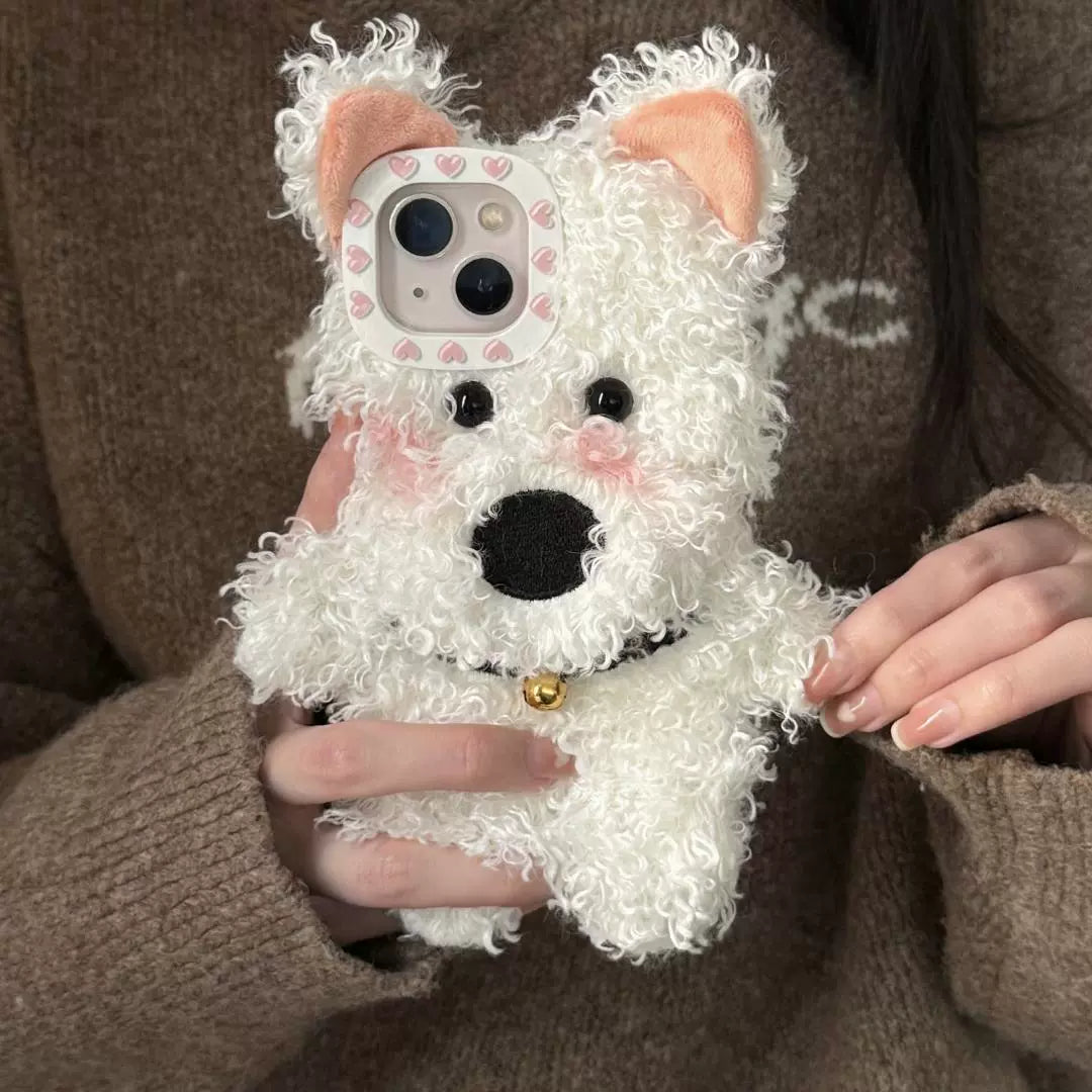 Cartoon Fluffy White Puppy Three-dimensional Cute Phone Case Suitable for iPhone16 iPhone15 iPhone14 iPhone13