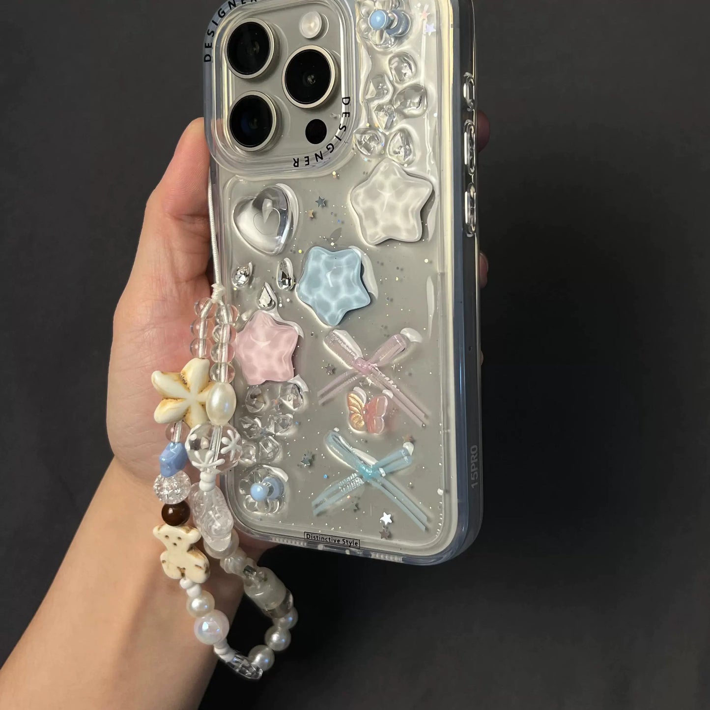 Transparent Epoxy Three-dimensional Star Bow Cute and Sweet Aesthetic Mobile Phone Case with Mobile Phone Chain Pendant Suitable for iPhone16 iPhone15 iPhone14 iPhone13