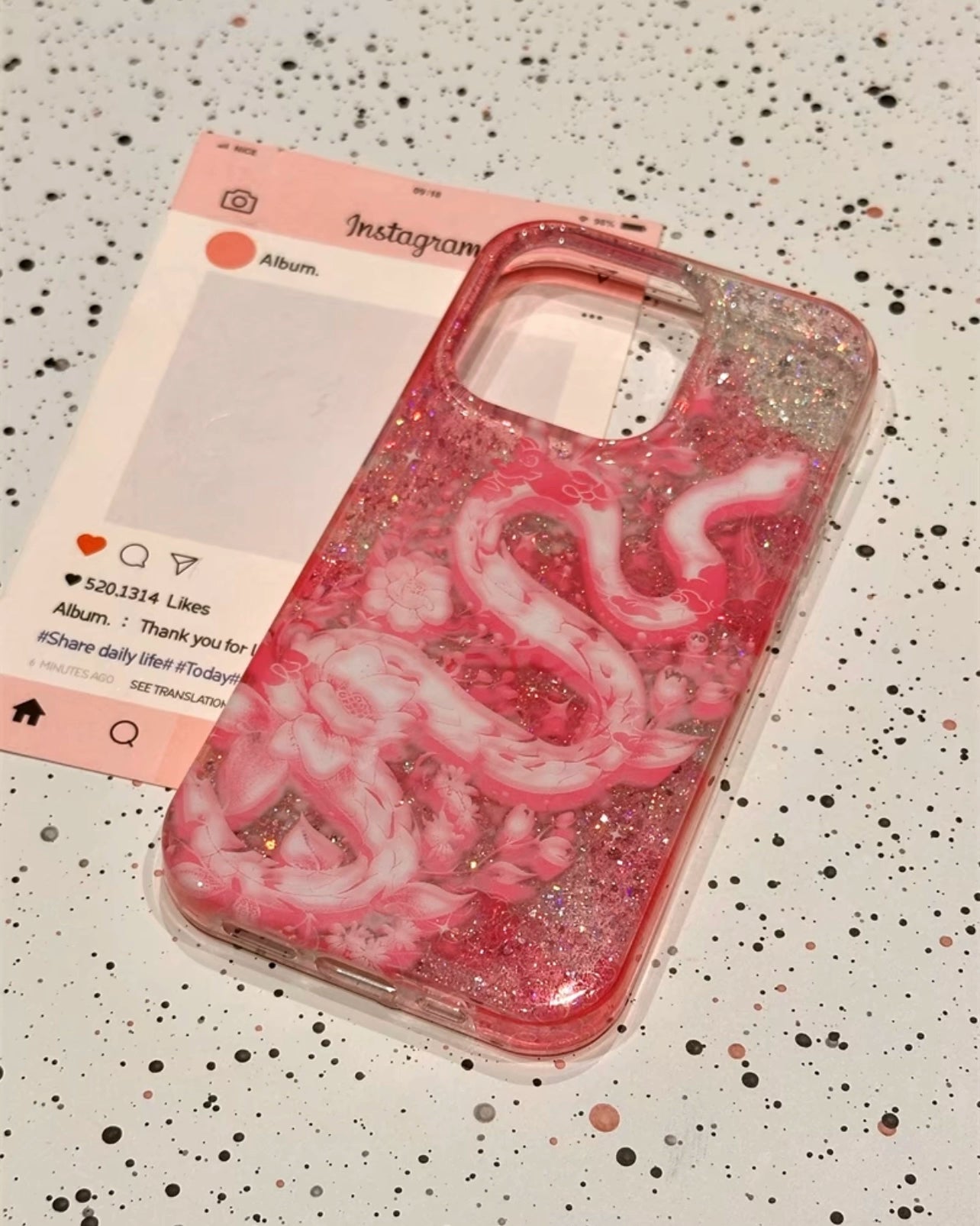 Transparent Glitter Pink Sequined Floral Snake Double-sided Aesthetic Mobile Phone Case Suitable for iPhone16 iPhone15 iPhone14 iPhone13