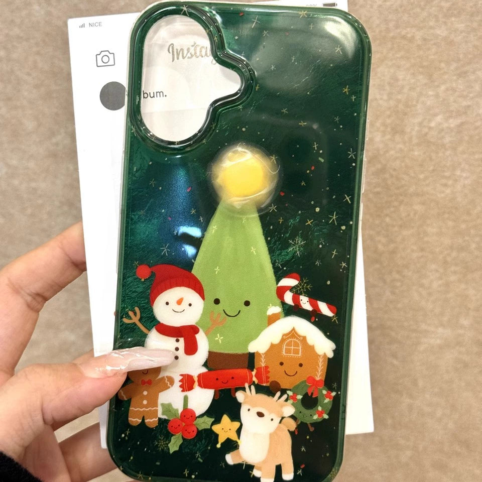 Elk Snowman Christmas Tree Gingerbread Man Green Bottom Snowflake Cute Aesthetic Phone Case Suitable for iPhone16 iPhone15 iPhone14 iPhone13