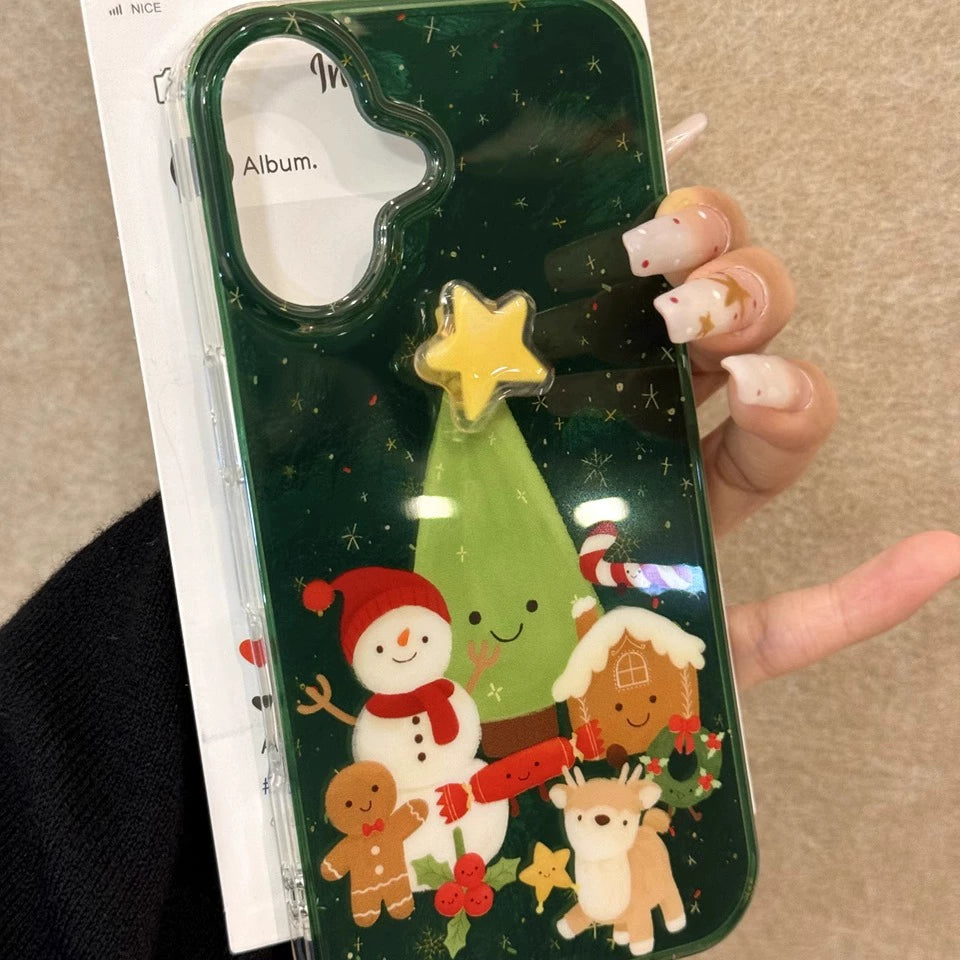 Elk Snowman Christmas Tree Gingerbread Man Green Bottom Snowflake Cute Aesthetic Phone Case Suitable for iPhone16 iPhone15 iPhone14 iPhone13