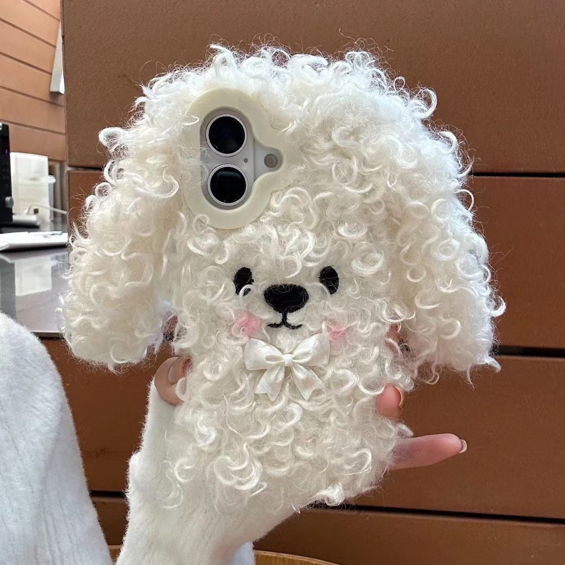 Plush Cute Bow White Poodle Phone Case Suitable for iPhone16 iPhone15 iPhone14 iPhone13