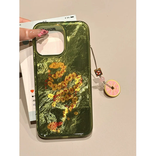 Green Bottom Gold Coin Small Snake Coin Pendant Fortune Lucky Aesthetic Mobile Phone Case with Mobile Phone Chain Pendant Suitable for iPhone16 iPhone15 iPhone14 iPhone13