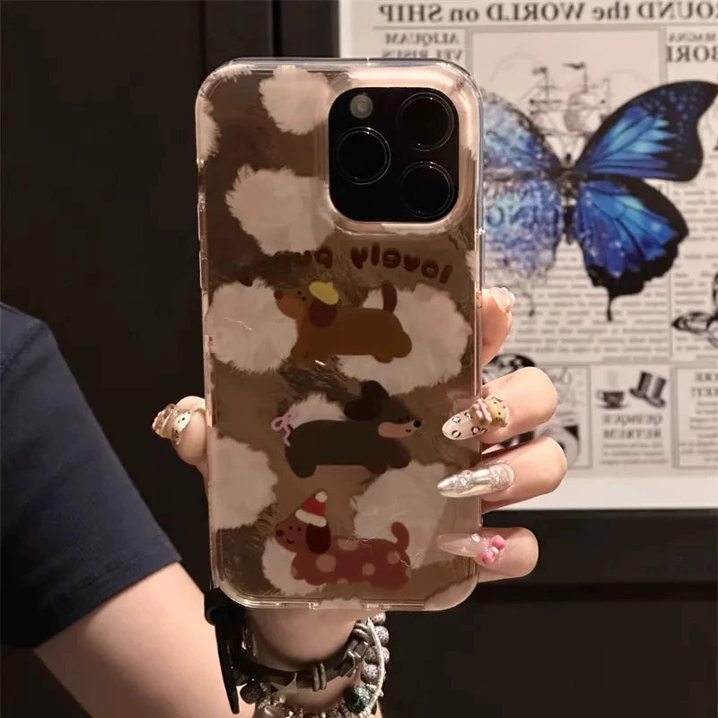 Tin Foil Pattern Dachshund Brown Cute Aesthetic Mobile Phone Case with Mobile Phone Chain Pendant Suitable for iPhone16 iPhone15 iPhone14 iPhone13