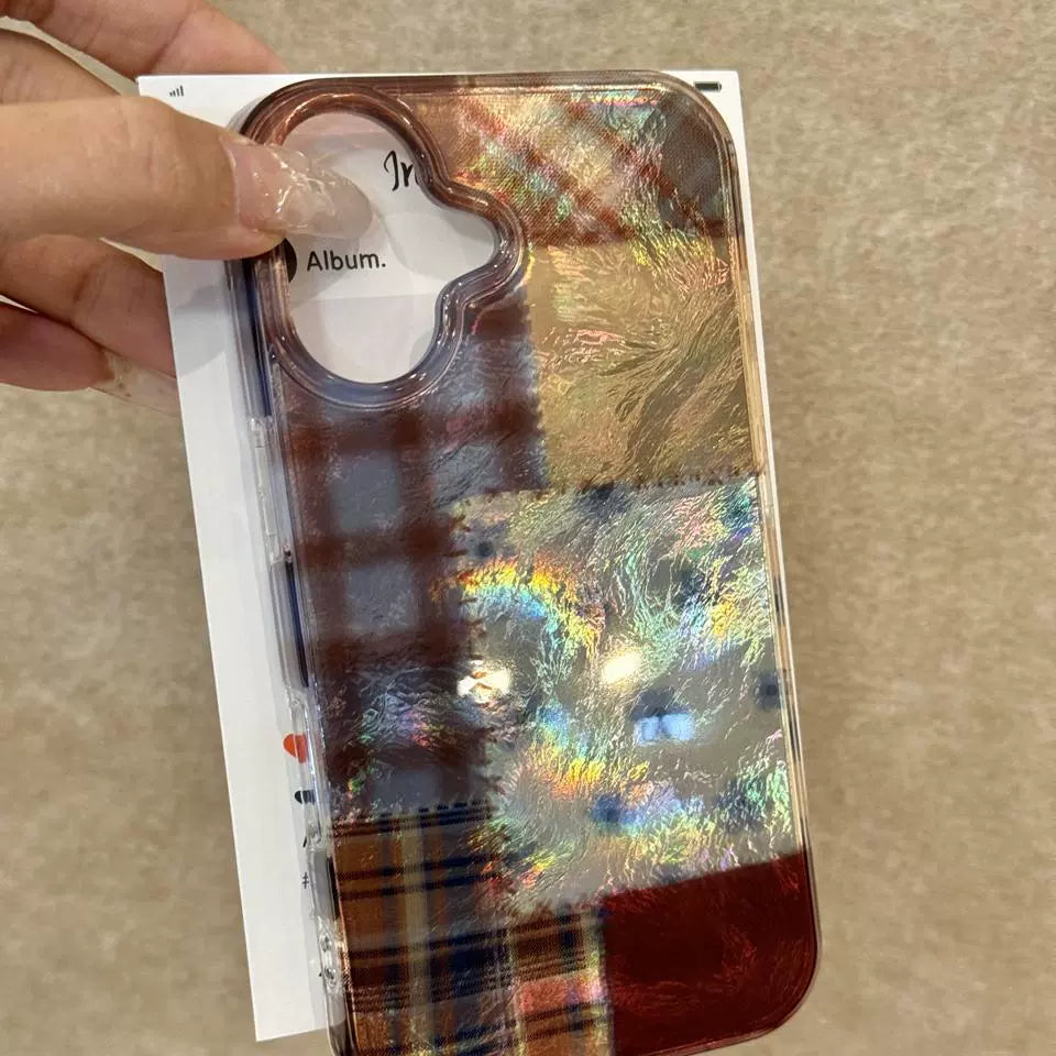 Plaid Splicing Floral Aesthetic Mobile Phone Case Suitable for iPhone16 iPhone15 iPhone14 iPhone13