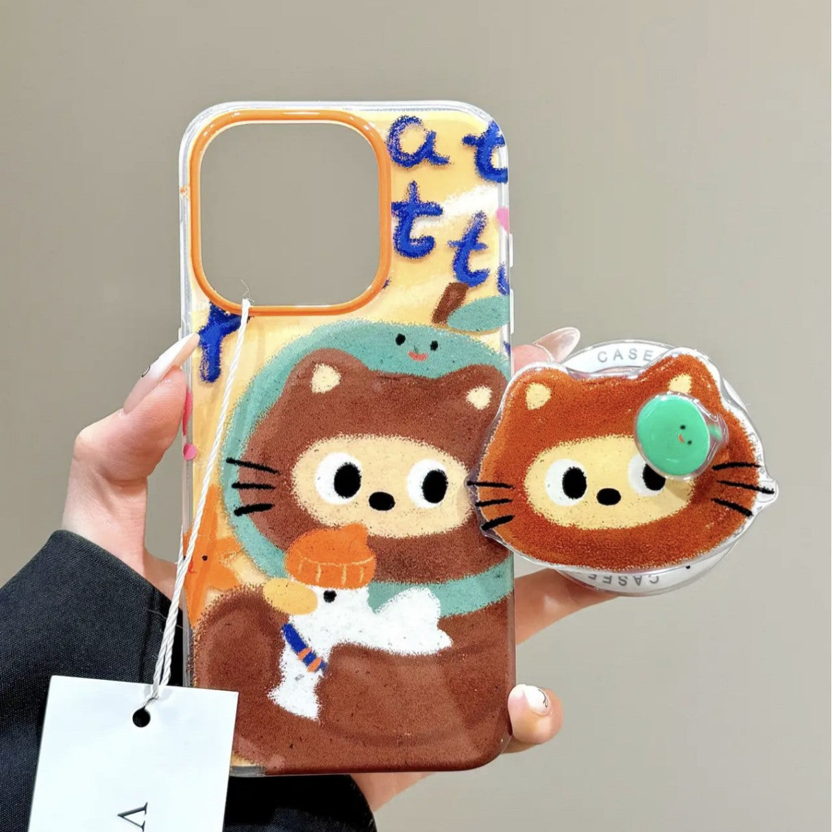 Cute Graffiti Hug Duck Bear Aesthetic Mobile Phone Case with Magnetic Bracket Suitable for iPhone16 iPhone15 iPhone14 iPhone13